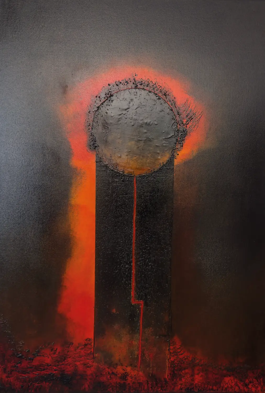 Härte im Feuer – Werk aus der Serie „Was bleibt“, entstanden 2025, Format 100 cm × 70 cm. Von Flu.